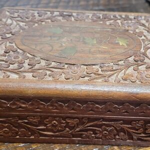 Source Unknown Hand-Carved Wooden Box in Brown with Green Inlay